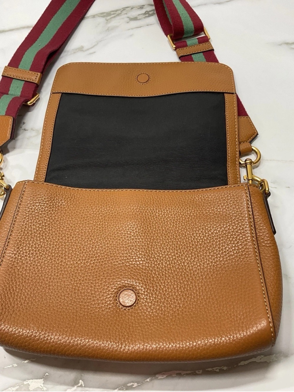 Marc Jacobs Tan Pebbled Leather Crossbody with Red and Green Striped Strap - Picture 6 of 12